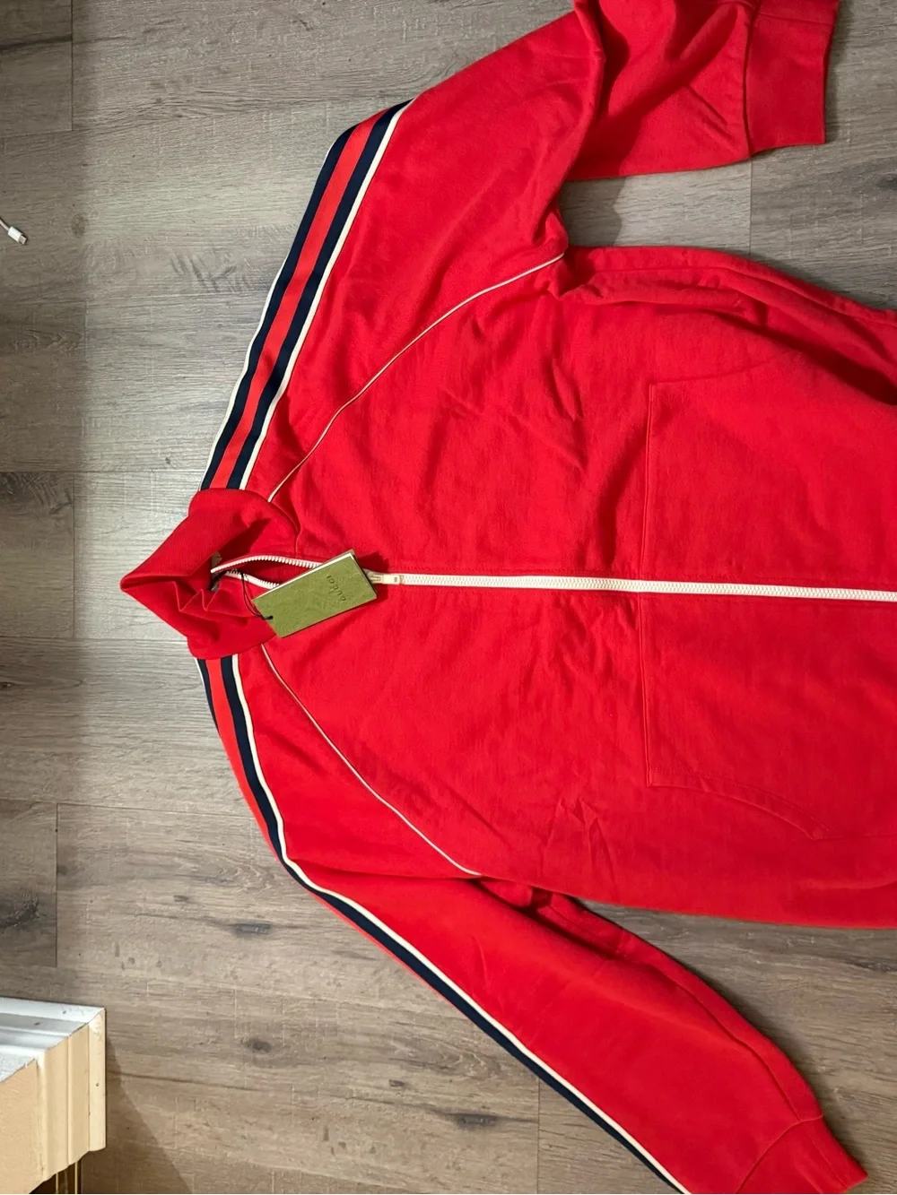 Never worn Gucci Red Track Jacket with Navy & White Stripes in Mens 3XL